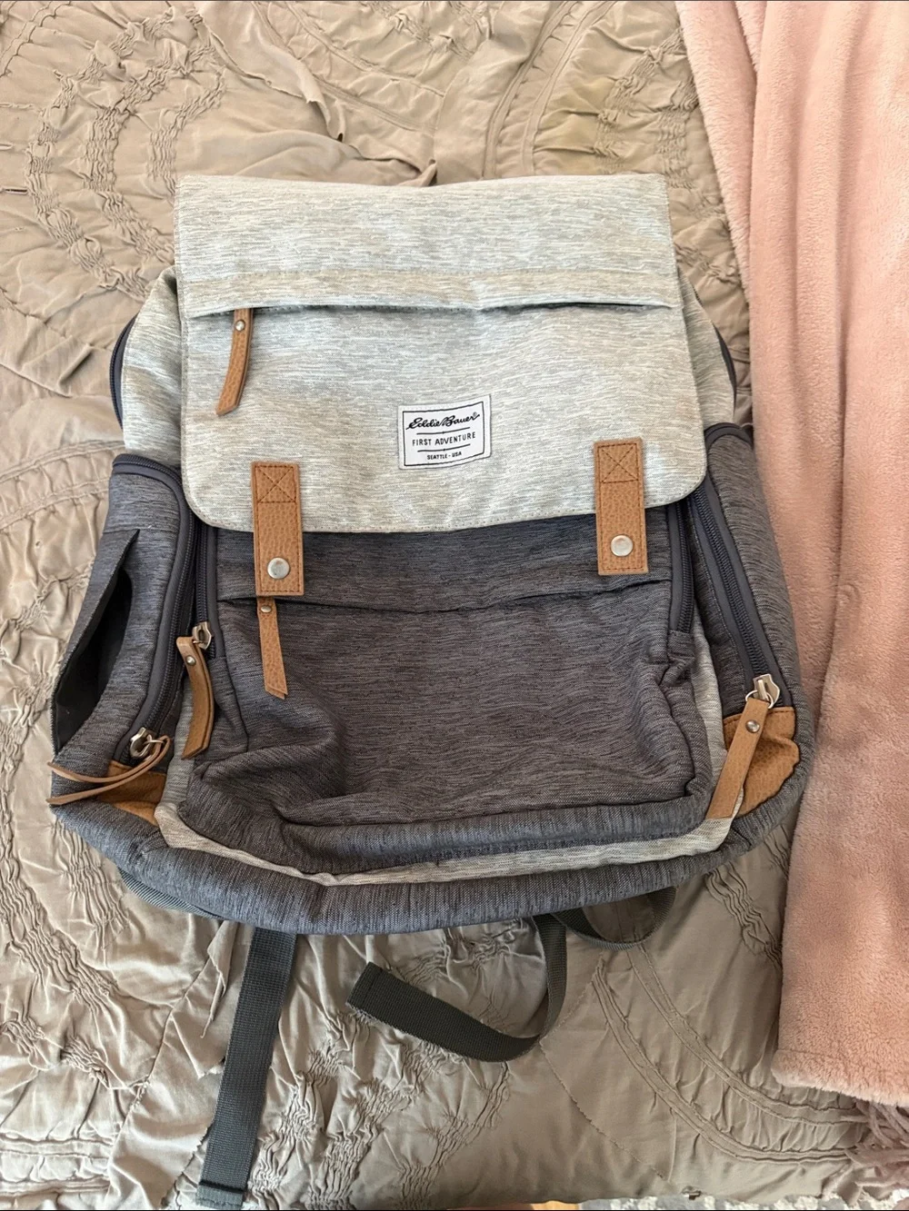 Eddie Bauer Two-Tone Gray Backpack with Brown Accents